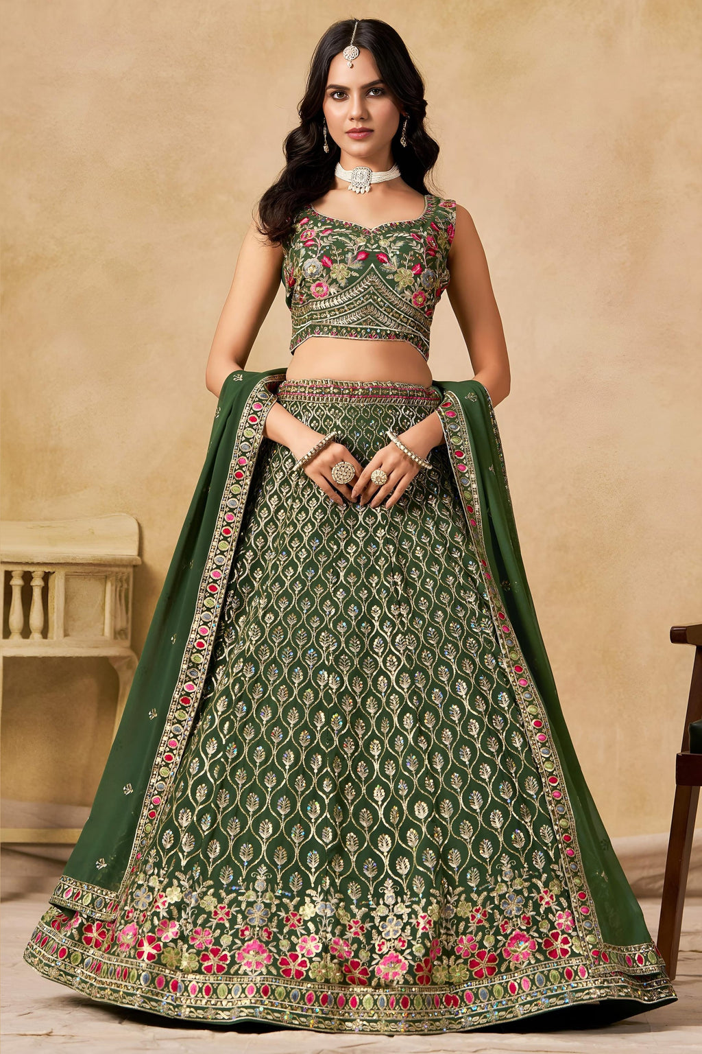 Green Georgette Lehenga Choli For Indian & Pakistani Wedding Festival - Sequins & Thread Embroidery Work