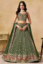 Green Georgette Lehenga Choli For Indian & Pakistani Wedding Festival - Sequins & Thread Embroidery Work
