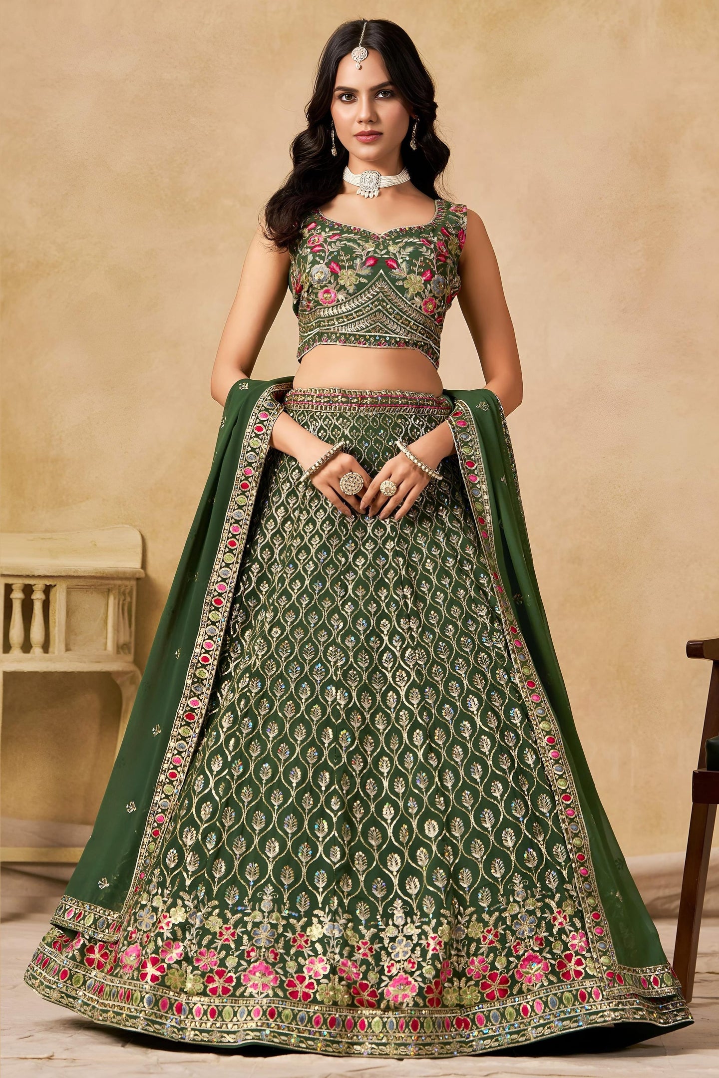 Green Georgette Lehenga Choli For Indian & Pakistani Wedding Festival - Sequins & Thread Embroidery Work