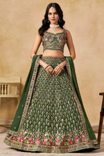 Green Georgette Lehenga Choli For Indian & Pakistani Wedding Festival - Sequins & Thread Embroidery Work