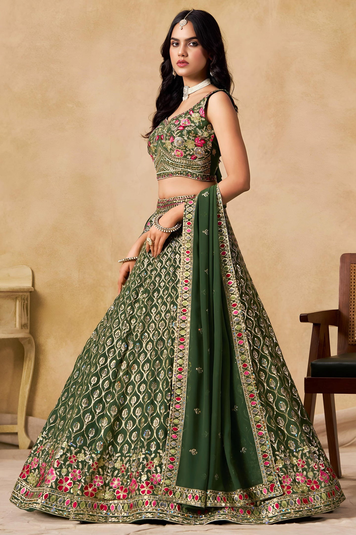 Green Georgette Lehenga Choli For Indian & Pakistani Wedding Festival - Sequins & Thread Embroidery Work