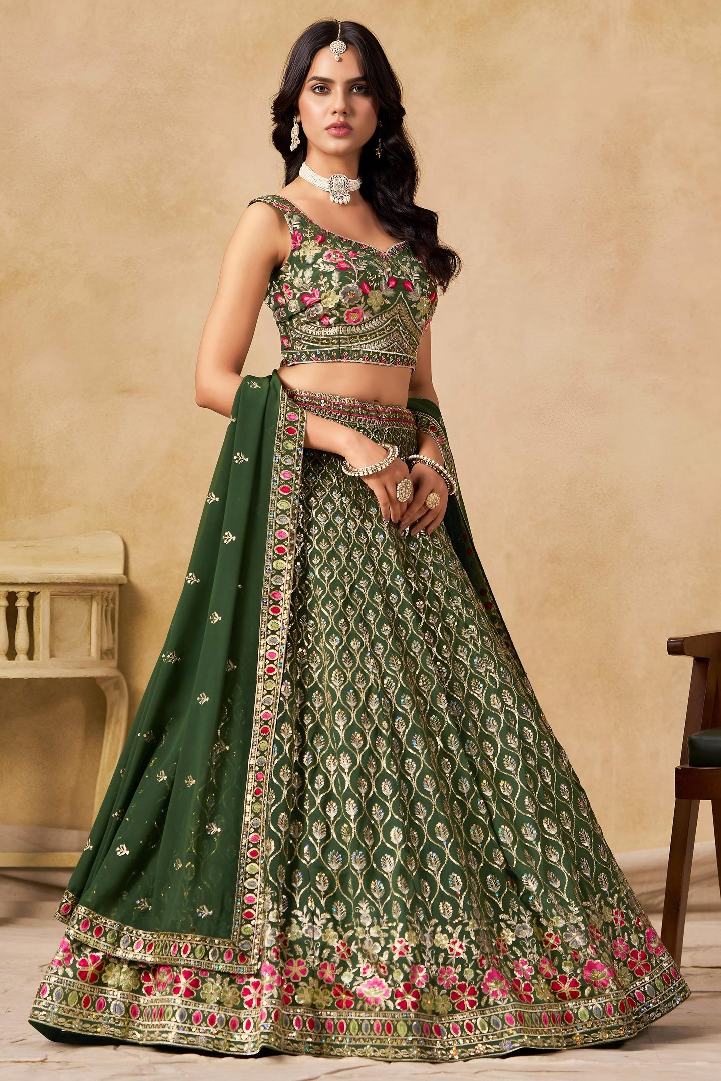 Green Georgette Lehenga Choli For Indian & Pakistani Wedding Festival - Sequins & Thread Embroidery Work