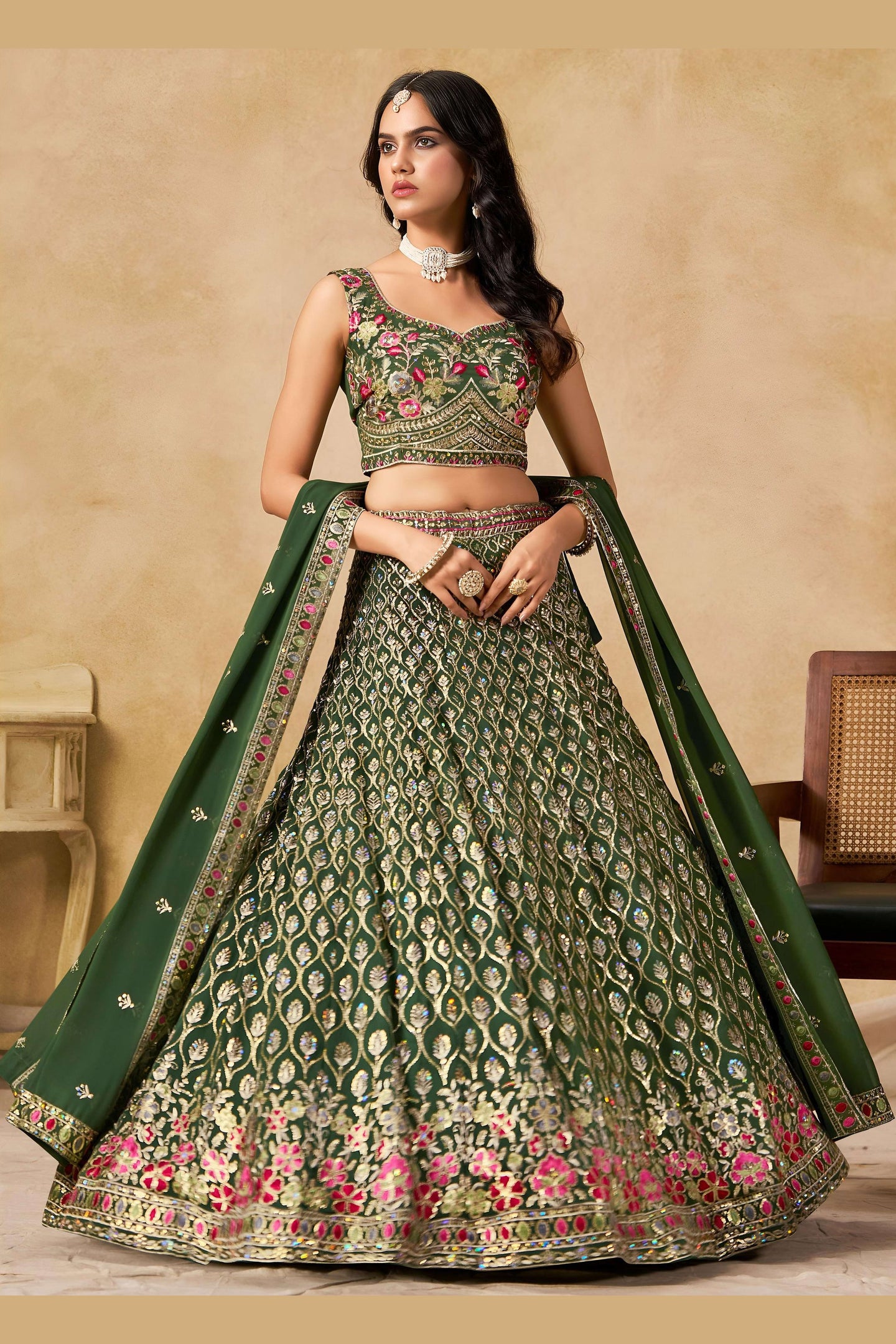 Green Georgette Lehenga Choli For Indian & Pakistani Wedding Festival - Sequins & Thread Embroidery Work