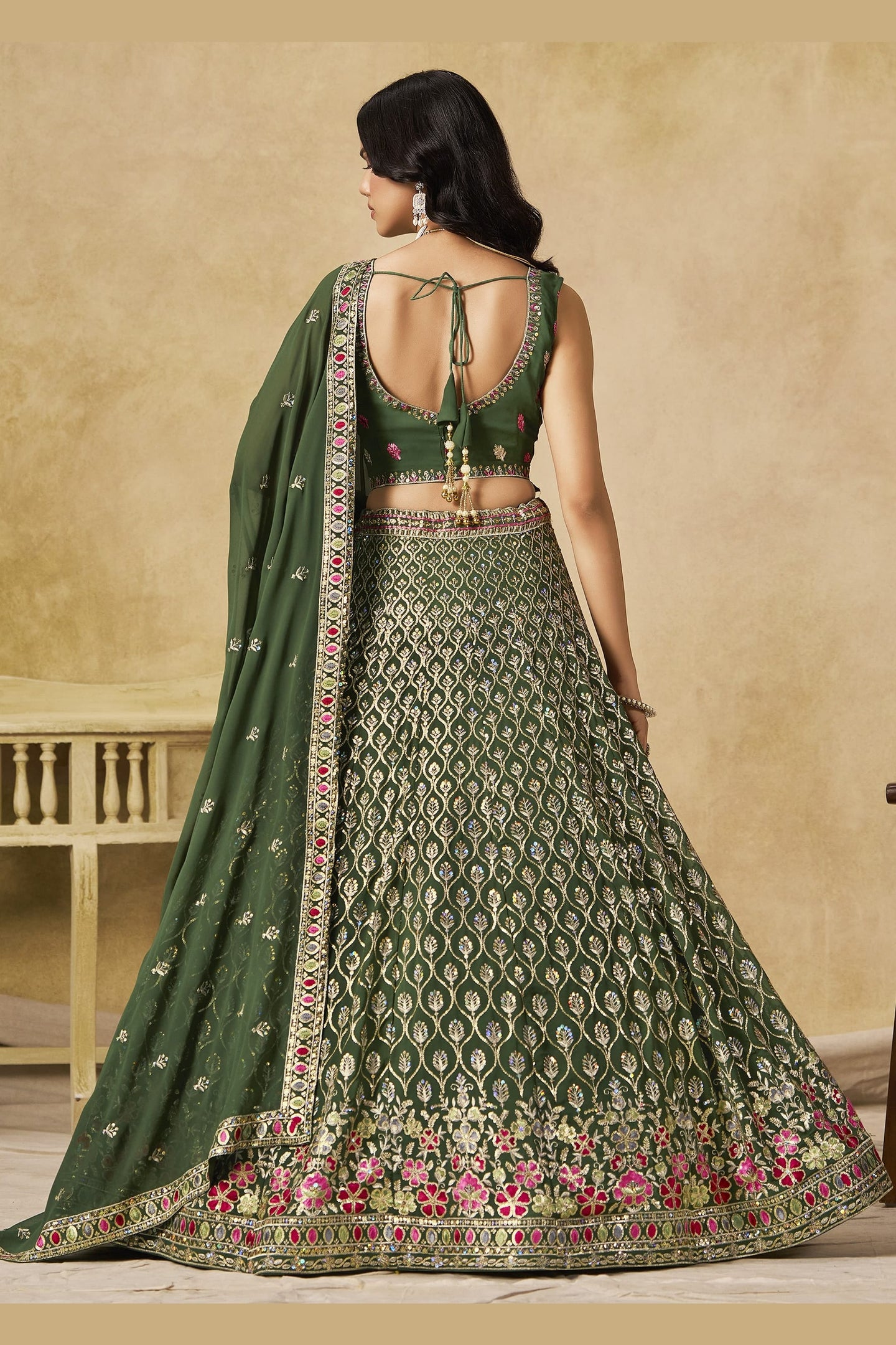 Green Georgette Lehenga Choli For Indian & Pakistani Wedding Festival - Sequins & Thread Embroidery Work