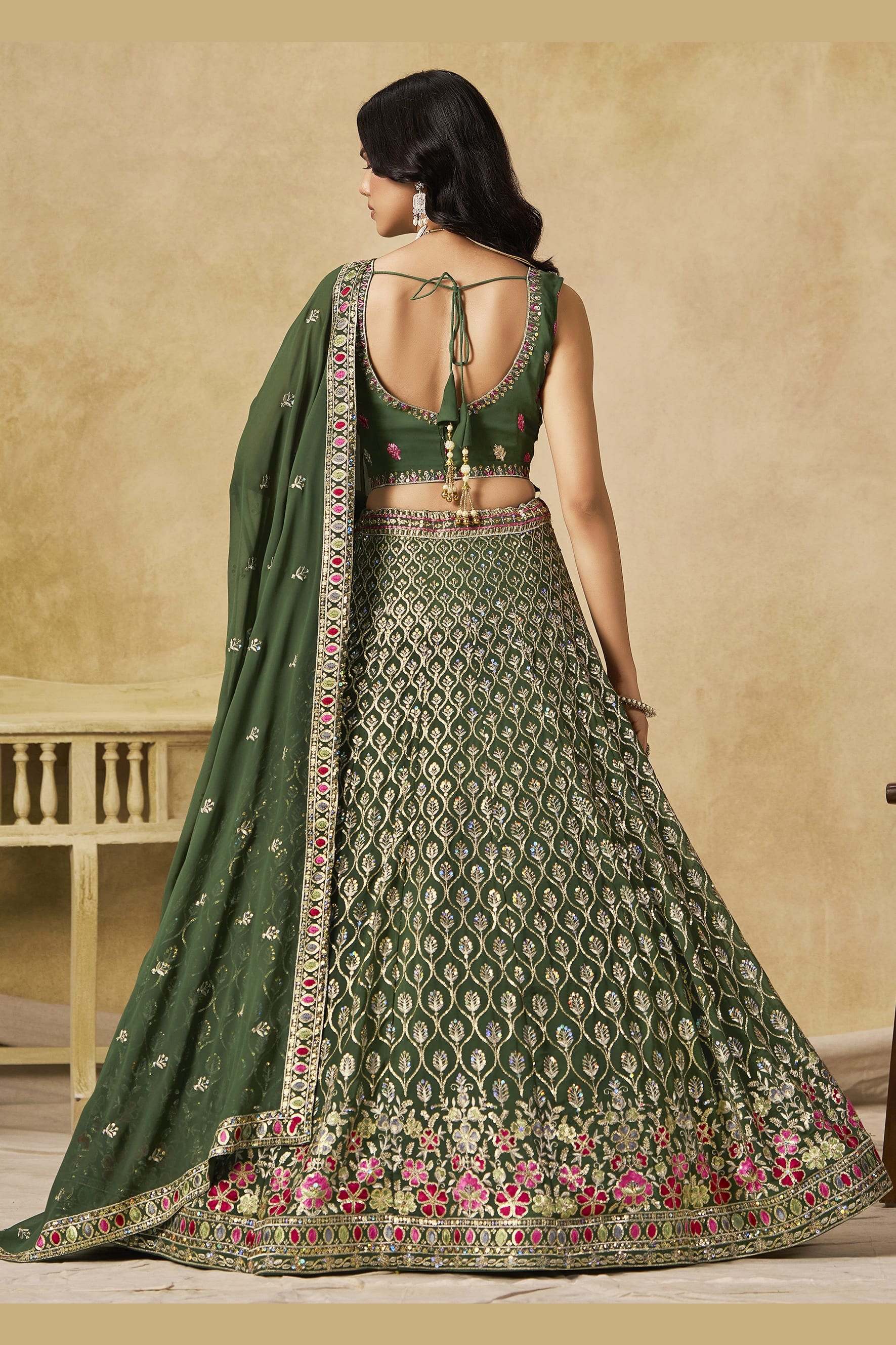 Green Georgette Lehenga Choli For Indian & Pakistani Wedding Festival - Sequins & Thread Embroidery Work