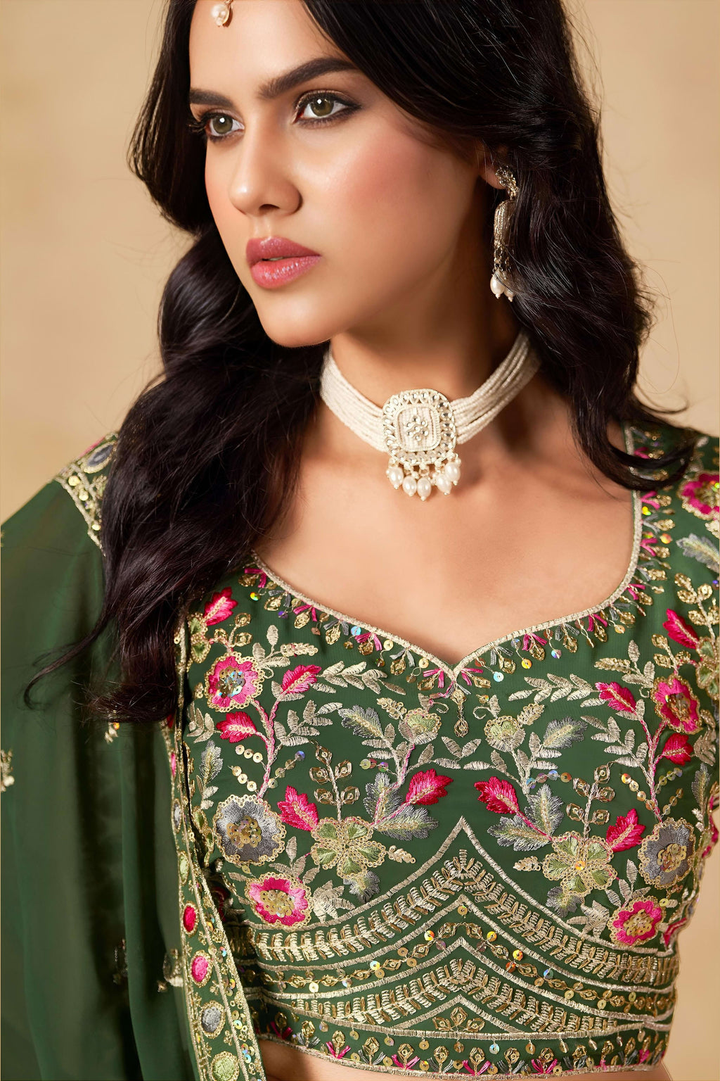 Green Georgette Lehenga Choli For Indian & Pakistani Wedding Festival - Sequins & Thread Embroidery Work
