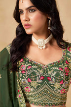 Green Georgette Lehenga Choli For Indian & Pakistani Wedding Festival - Sequins & Thread Embroidery Work