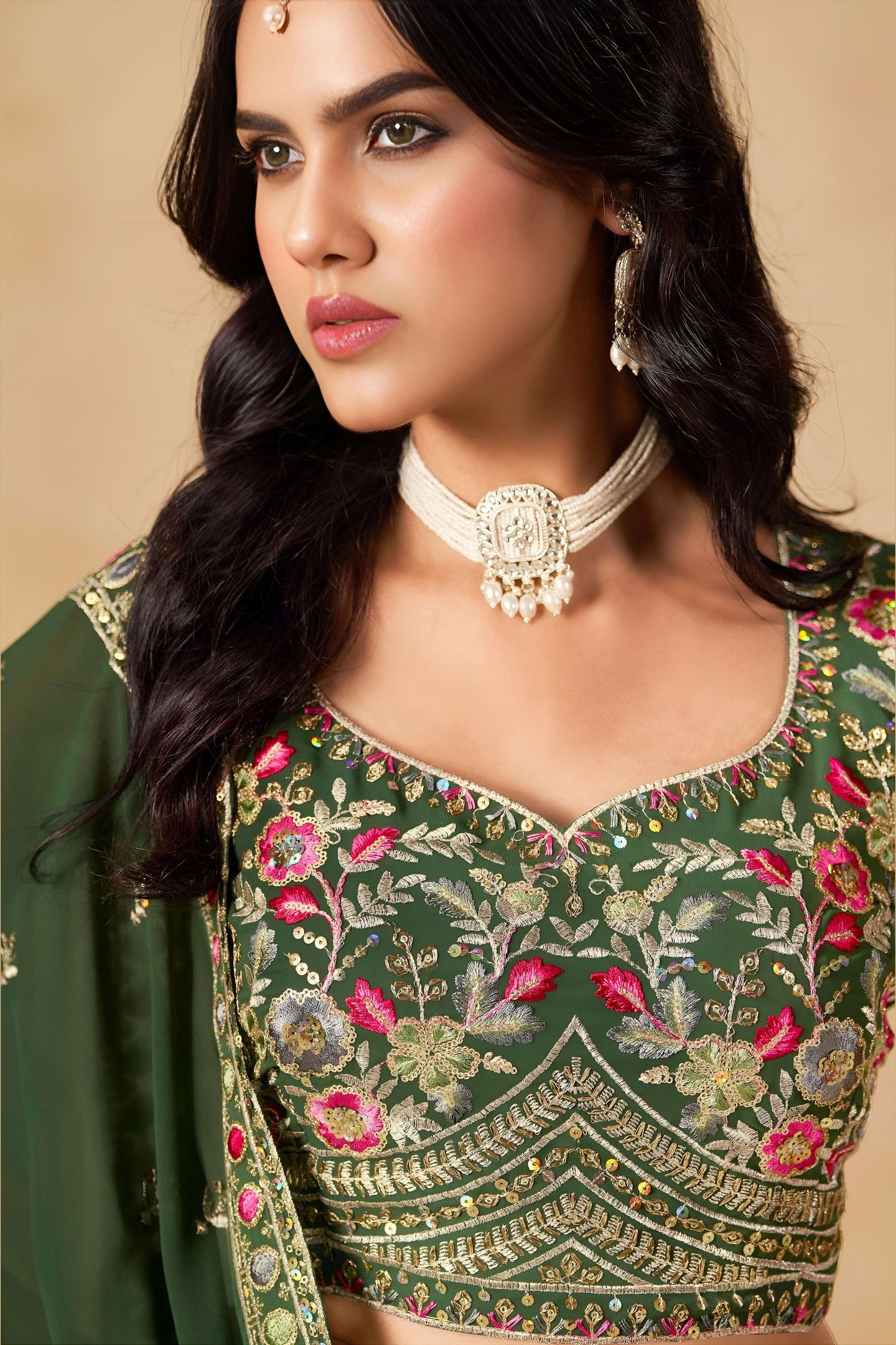 Green Georgette Lehenga Choli For Indian & Pakistani Wedding Festival - Sequins & Thread Embroidery Work