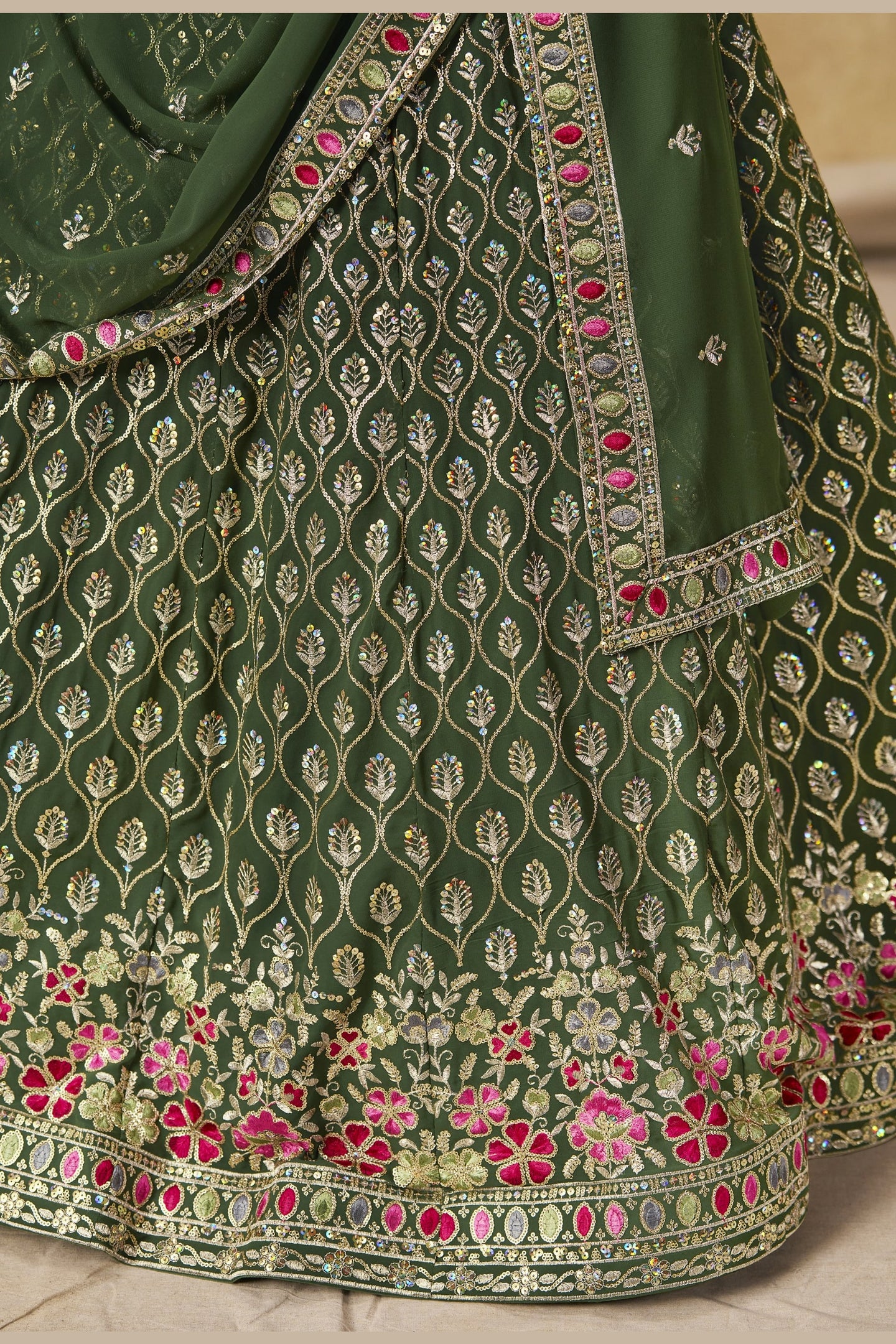Green Georgette Lehenga Choli For Indian & Pakistani Wedding Festival - Sequins & Thread Embroidery Work