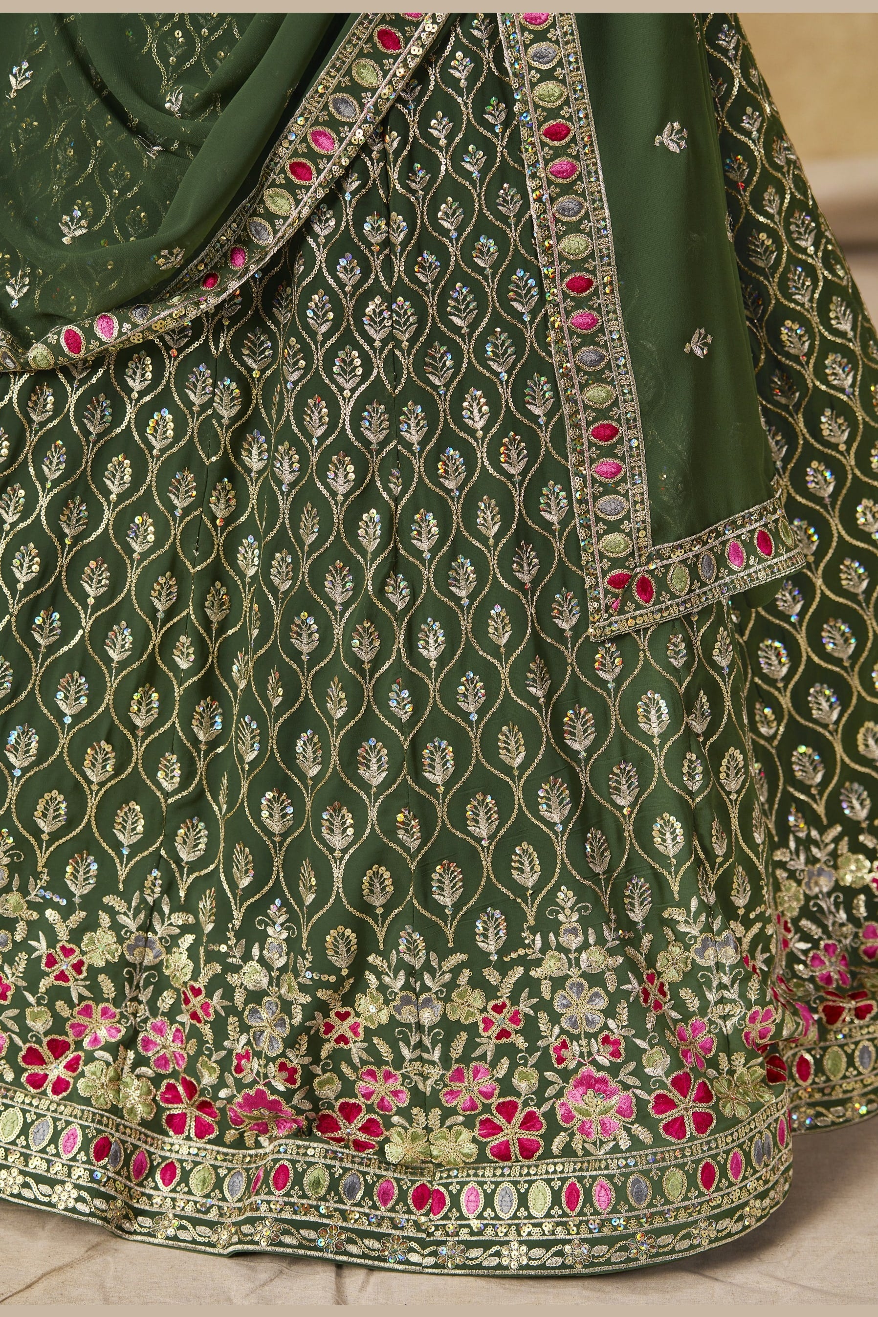 Green Georgette Lehenga Choli For Indian & Pakistani Wedding Festival - Sequins & Thread Embroidery Work