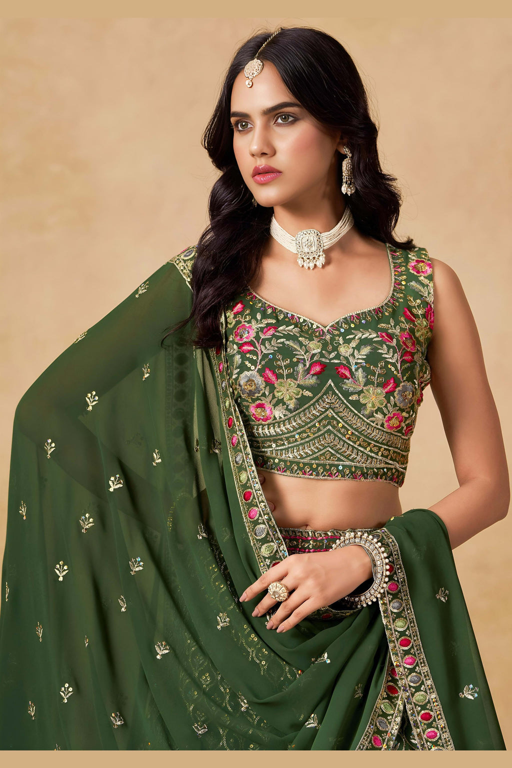Green Georgette Lehenga Choli For Indian & Pakistani Wedding Festival - Sequins & Thread Embroidery Work