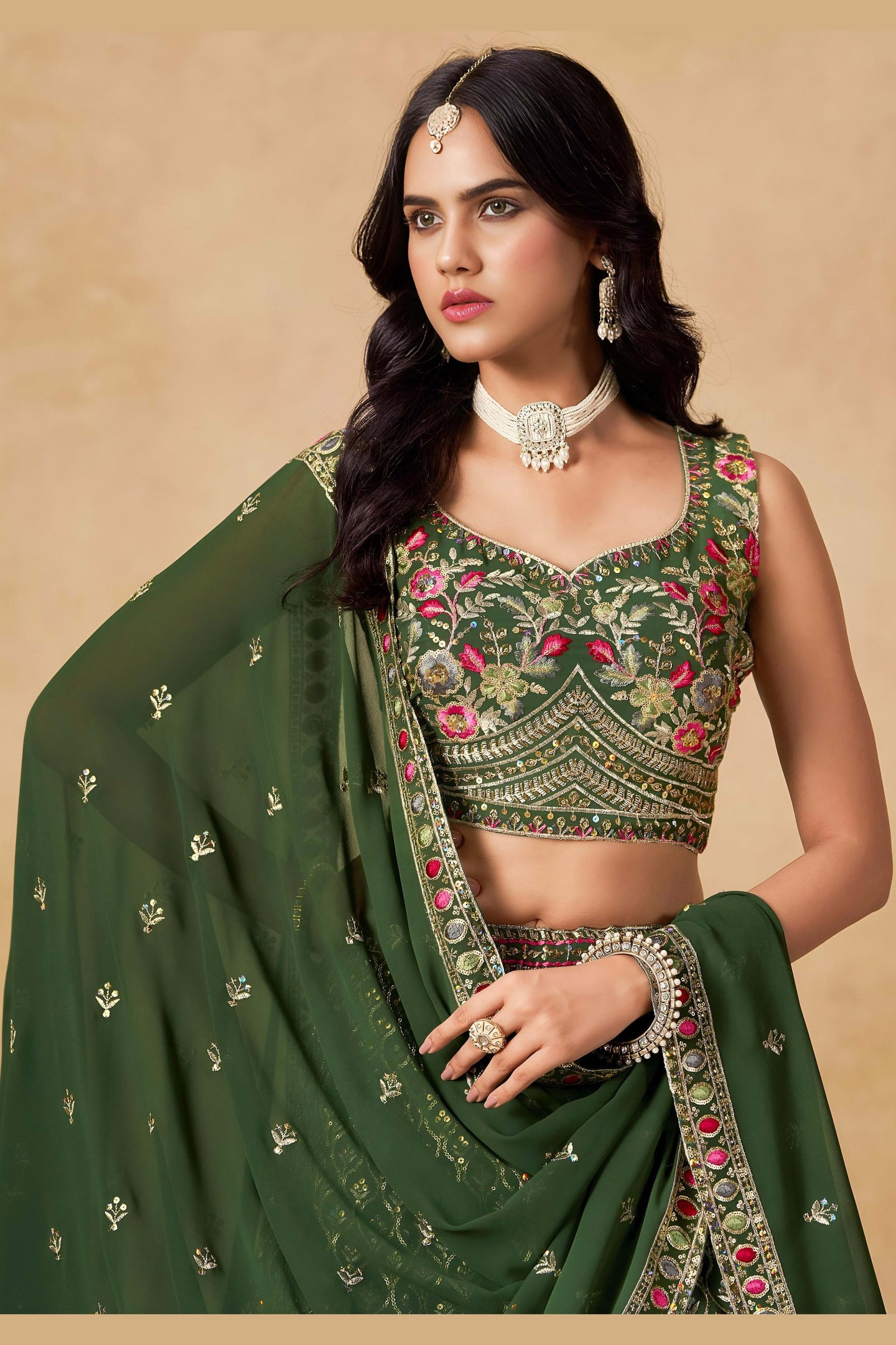 Green Georgette Lehenga Choli For Indian & Pakistani Wedding Festival - Sequins & Thread Embroidery Work