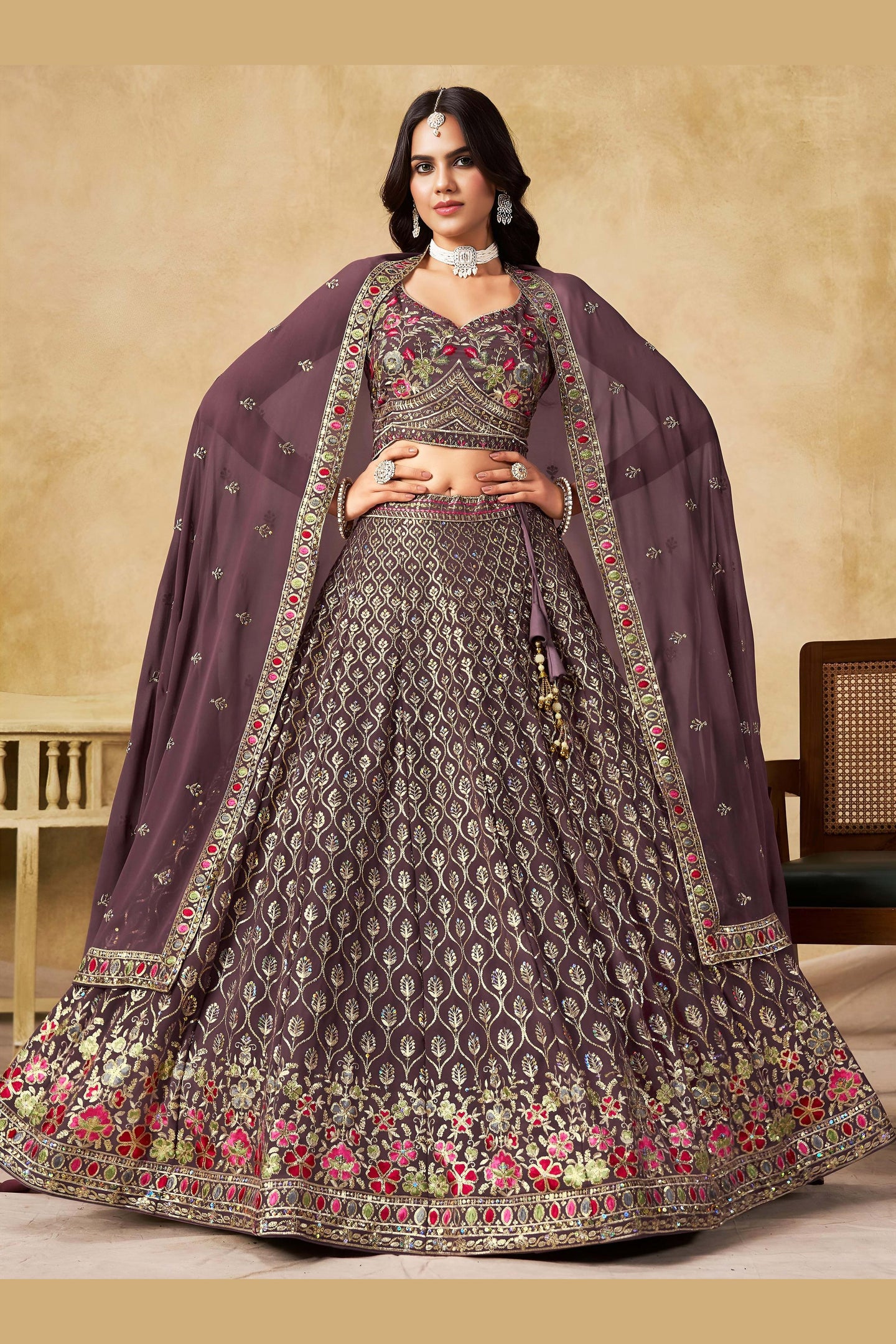 Purple Georgette Lehenga Choli For Indian & Pakistani Wedding Festival - Sequins & Thread Embroidery Work