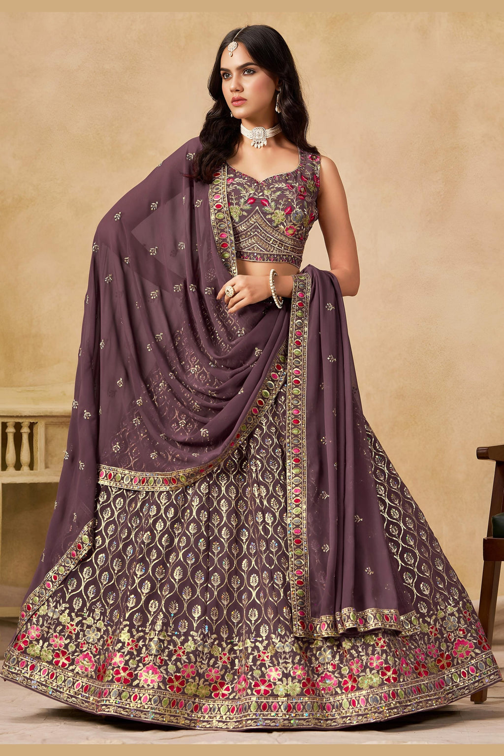 Purple Georgette Lehenga Choli For Indian & Pakistani Wedding Festival - Sequins & Thread Embroidery Work