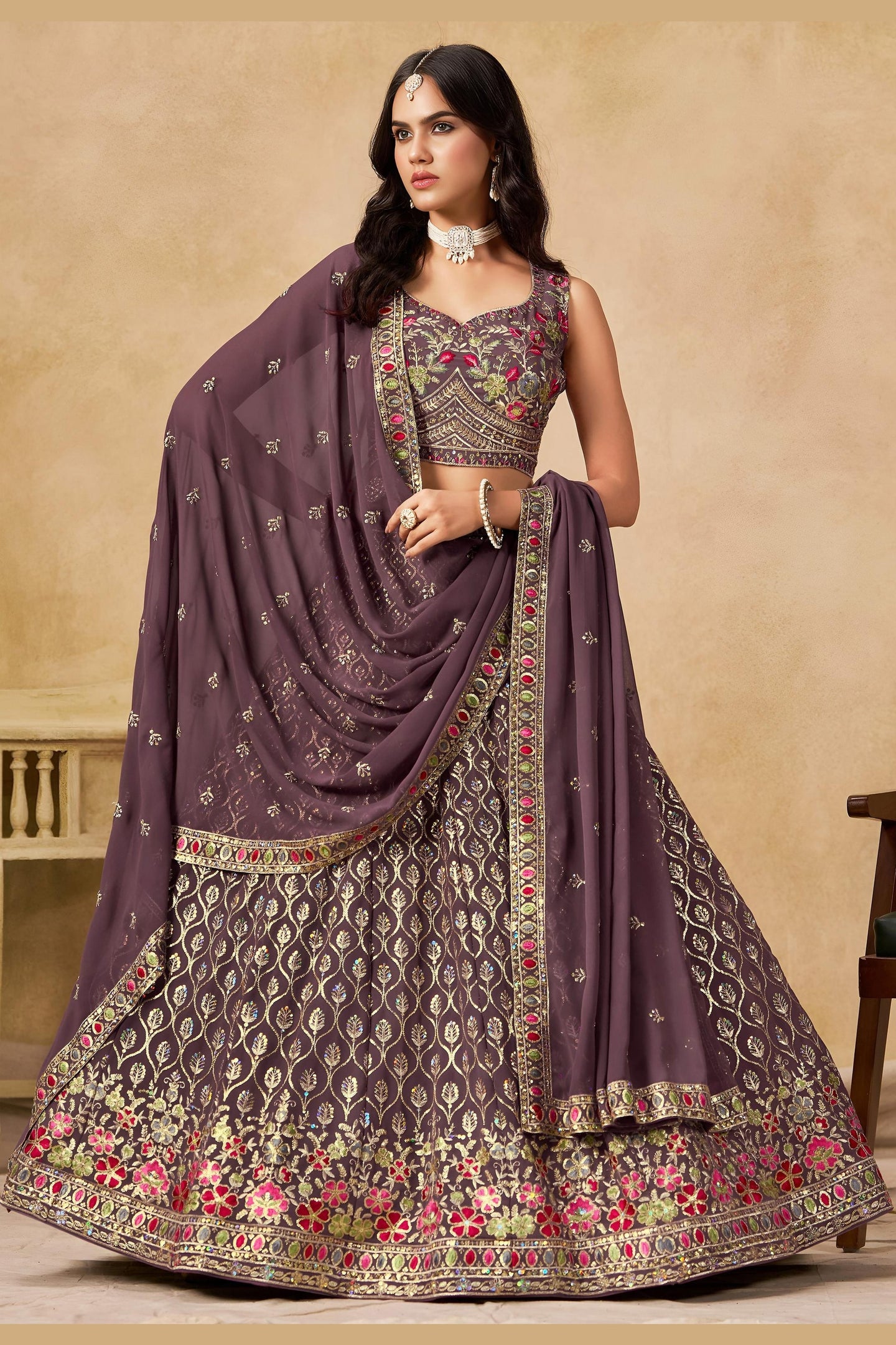 Purple Georgette Lehenga Choli For Indian & Pakistani Wedding Festival - Sequins & Thread Embroidery Work