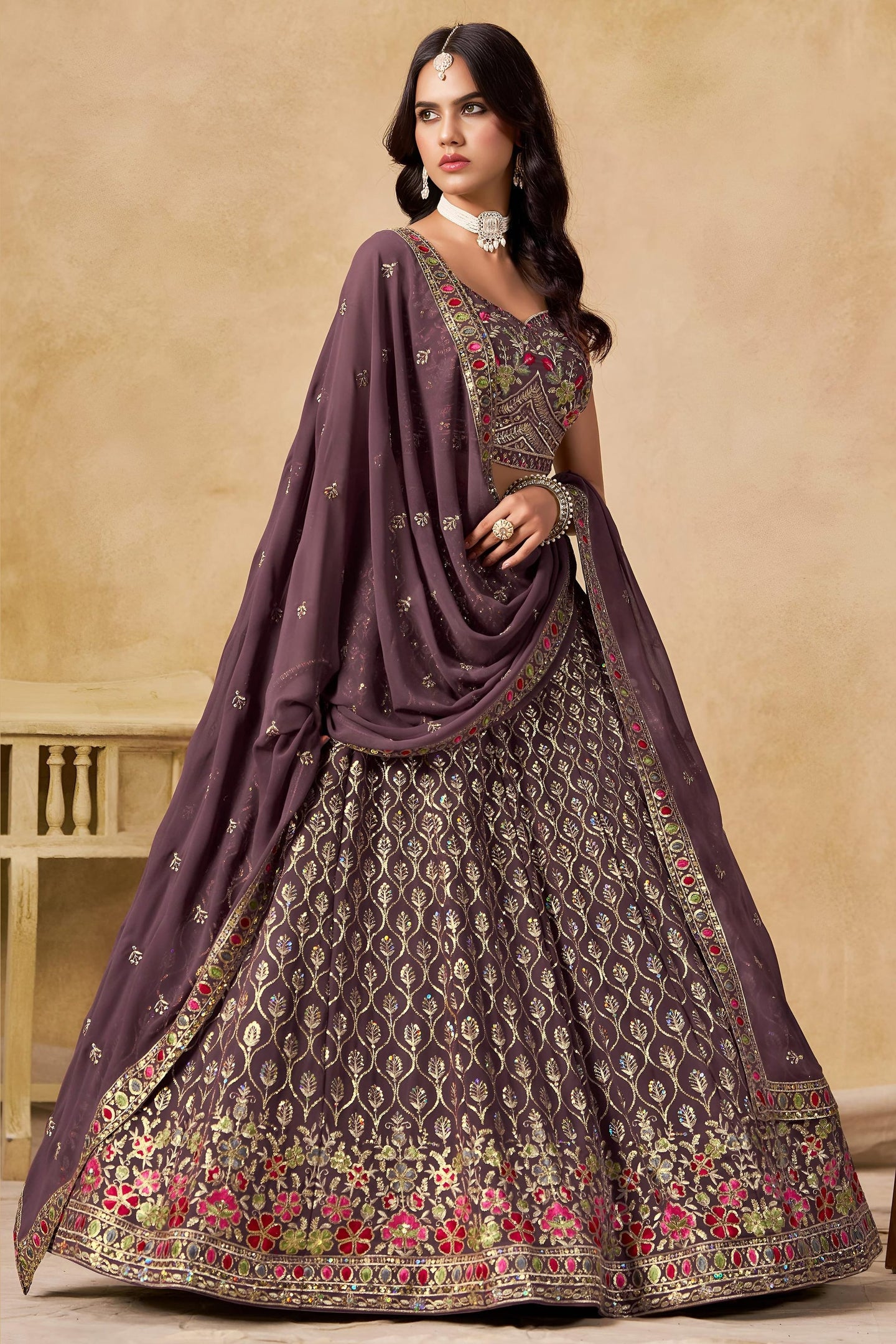 Purple Georgette Lehenga Choli For Indian & Pakistani Wedding Festival - Sequins & Thread Embroidery Work