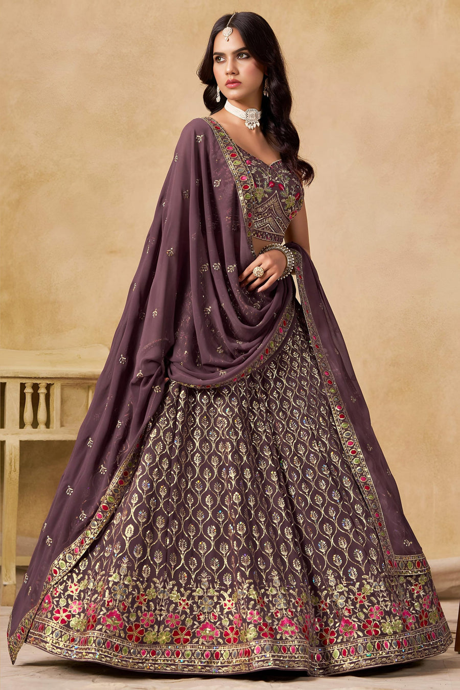 Purple Georgette Lehenga Choli For Indian & Pakistani Wedding Festival - Sequins & Thread Embroidery Work