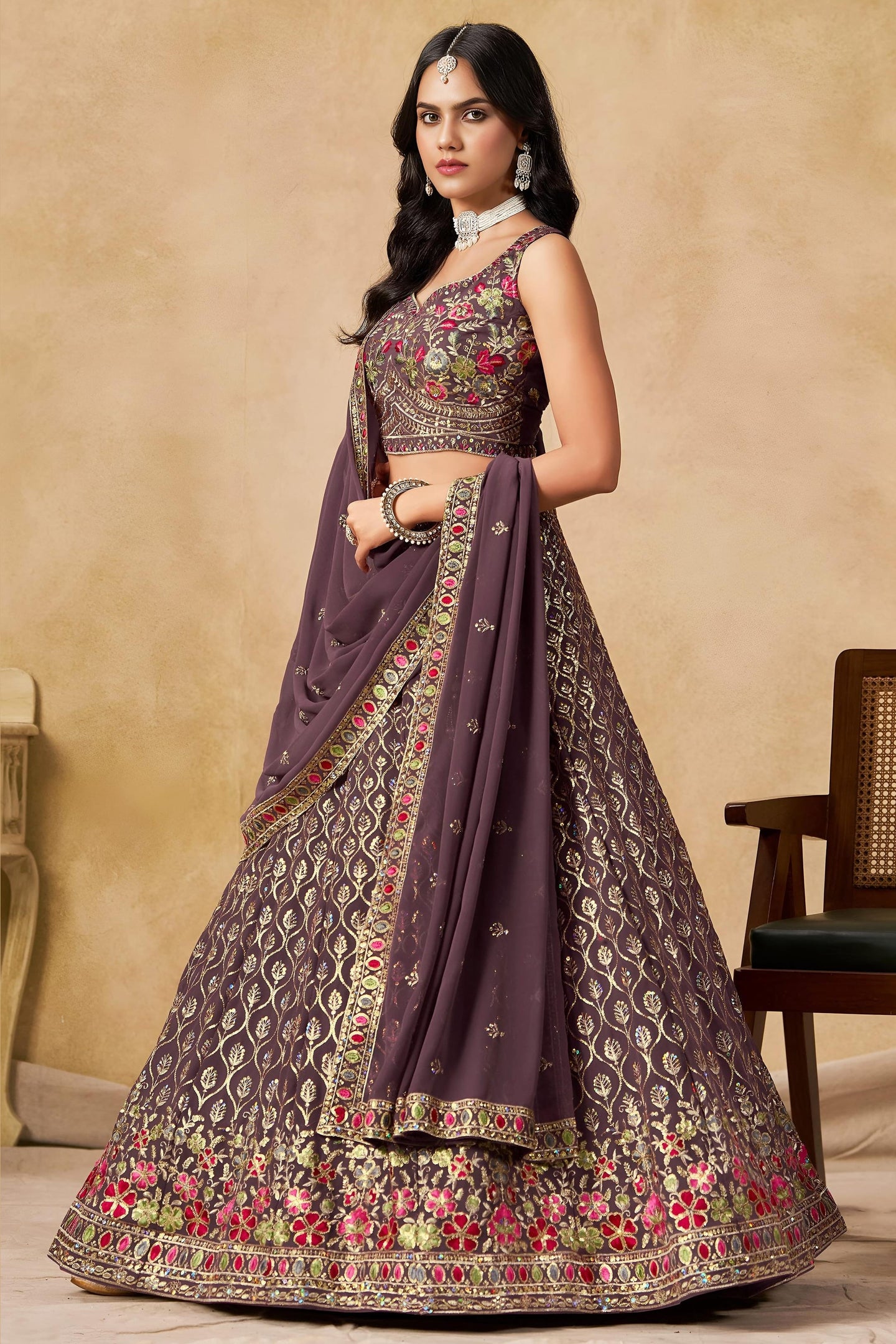 Purple Georgette Lehenga Choli For Indian & Pakistani Wedding Festival - Sequins & Thread Embroidery Work