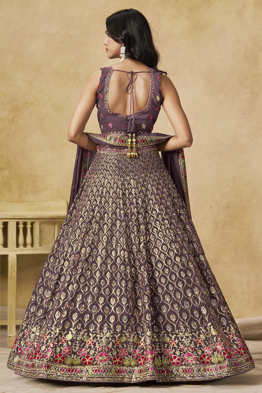 Purple Georgette Lehenga Choli For Indian & Pakistani Wedding Festival - Sequins & Thread Embroidery Work