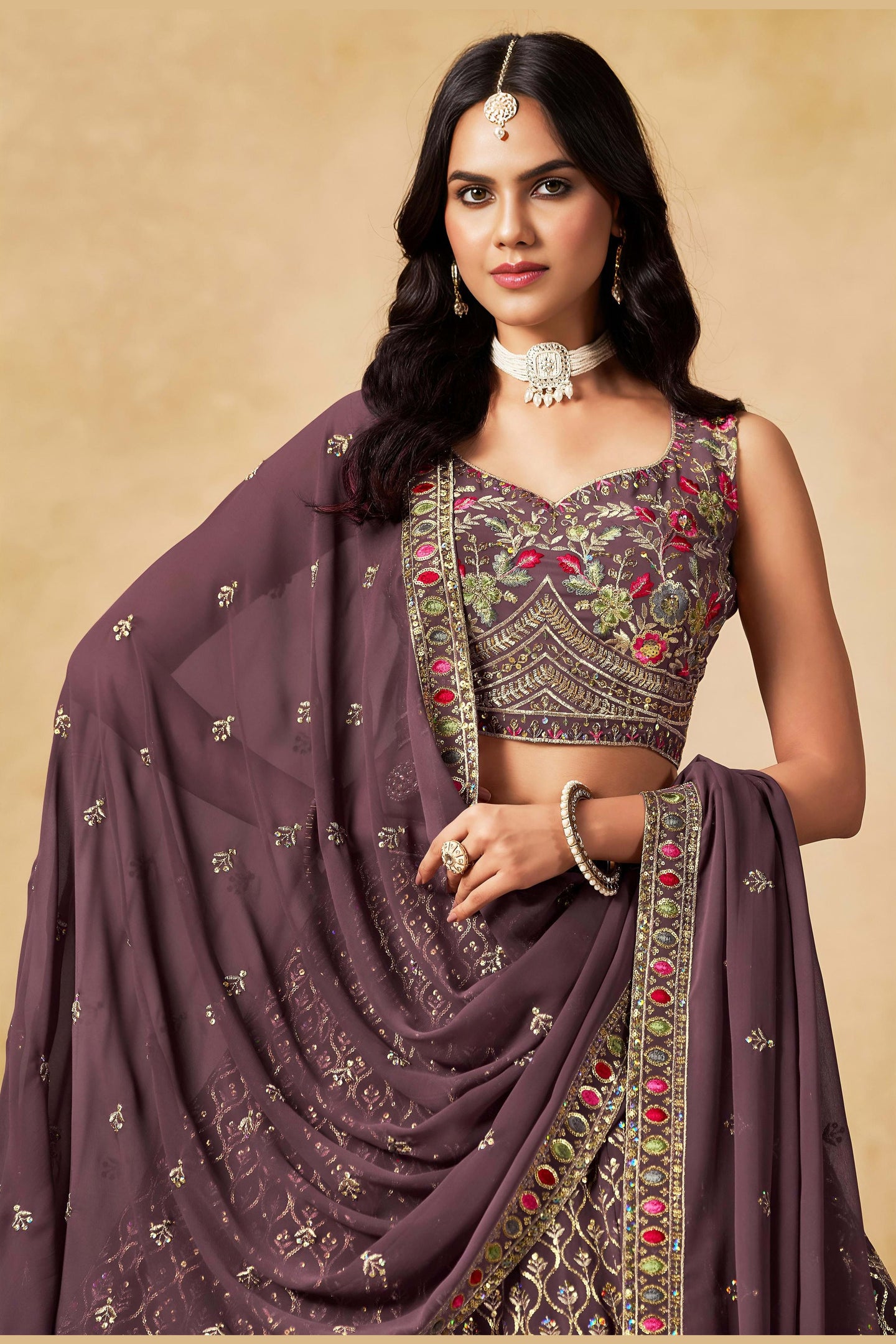 Purple Georgette Lehenga Choli For Indian & Pakistani Wedding Festival - Sequins & Thread Embroidery Work