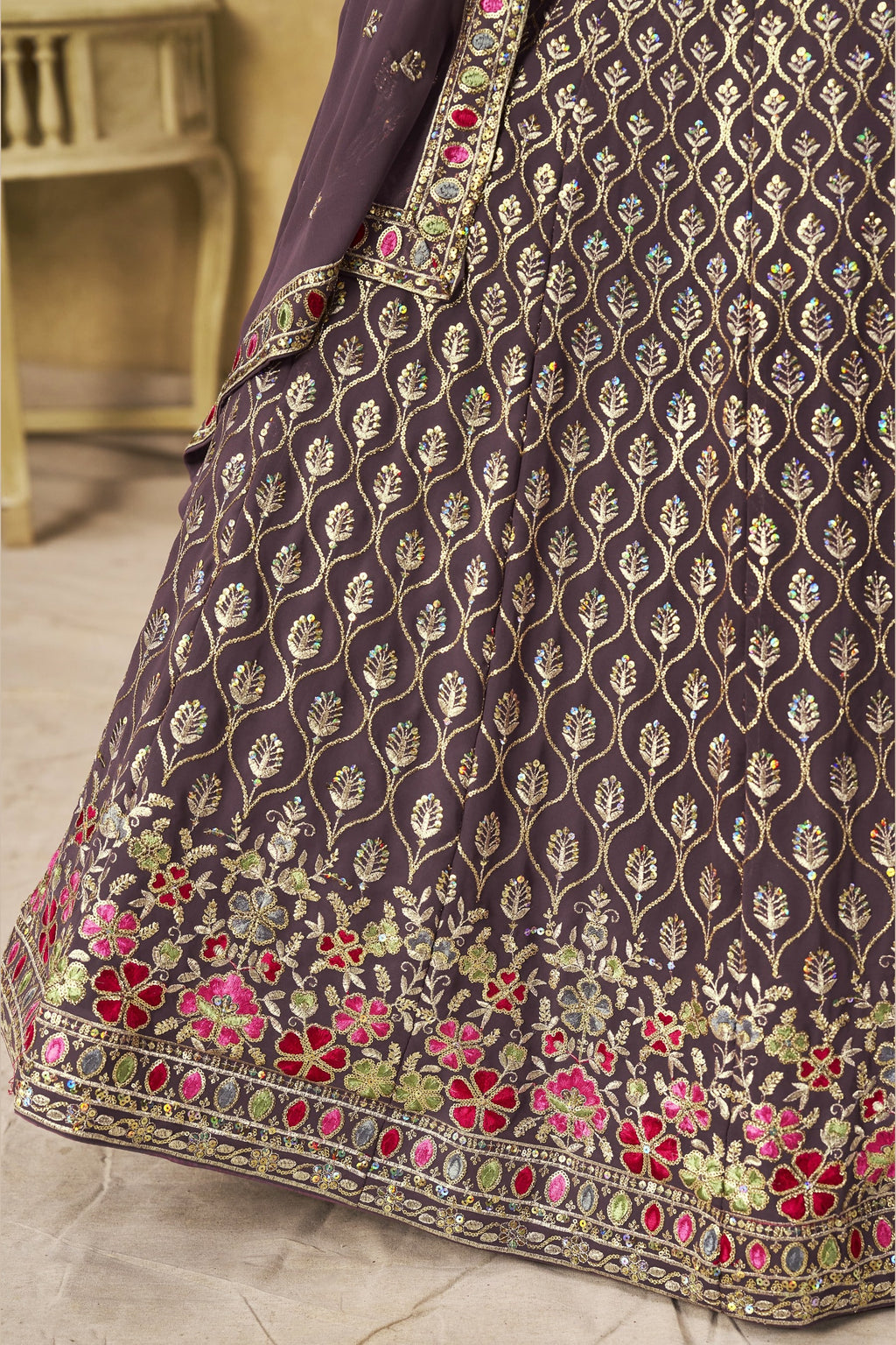 Purple Georgette Lehenga Choli For Indian & Pakistani Wedding Festival - Sequins & Thread Embroidery Work