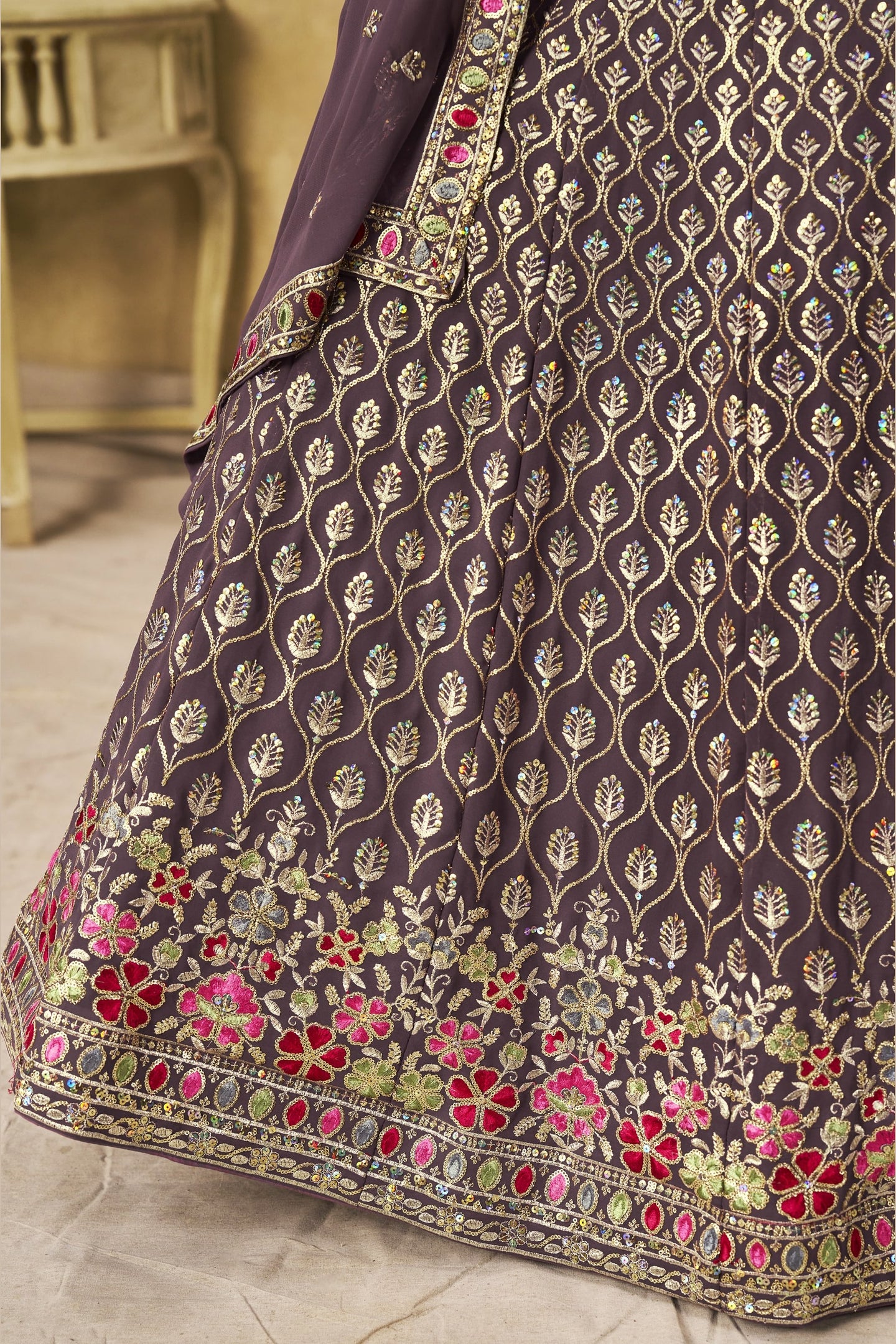 Purple Georgette Lehenga Choli For Indian & Pakistani Wedding Festival - Sequins & Thread Embroidery Work