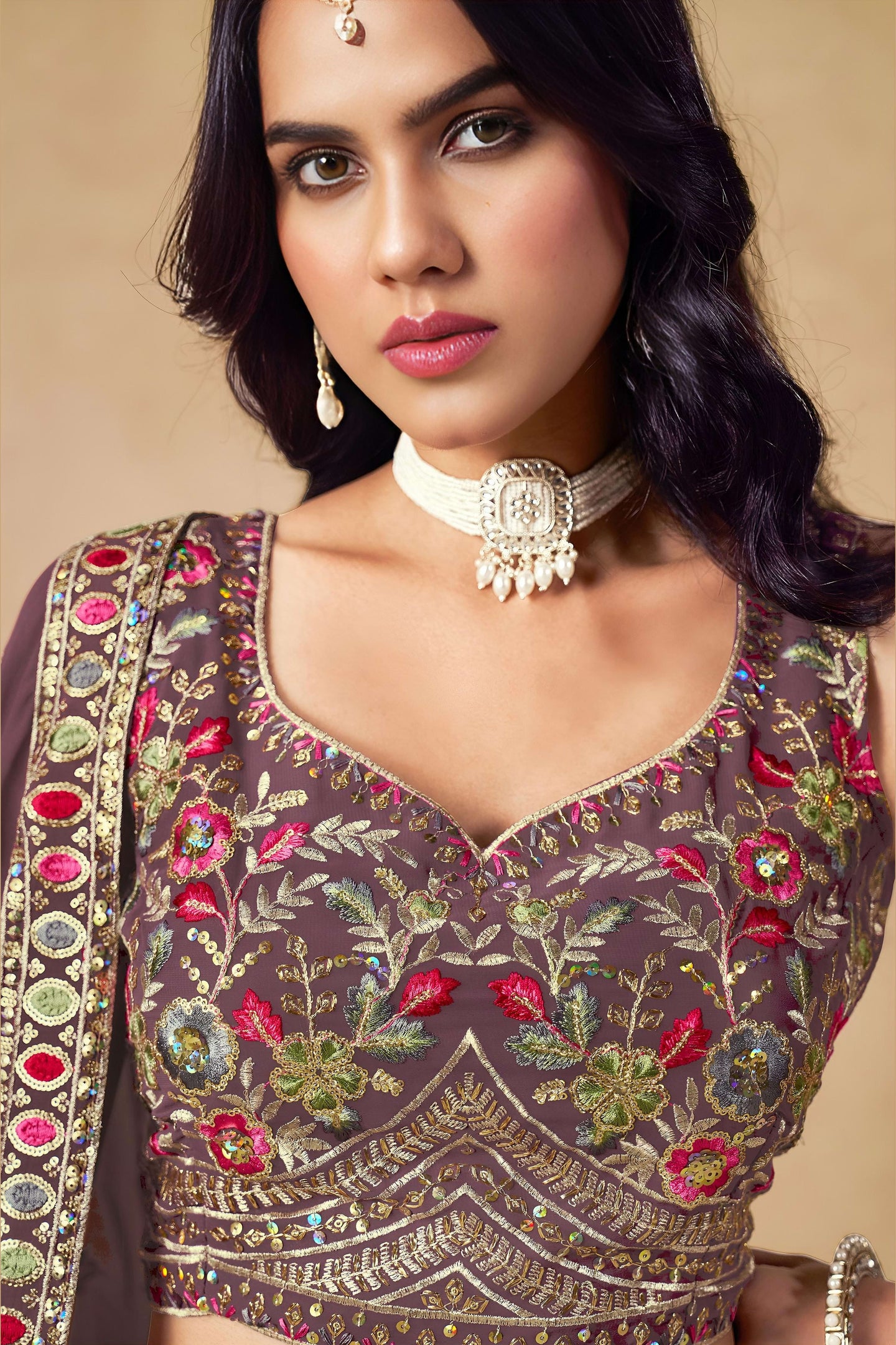 Purple Georgette Lehenga Choli For Indian & Pakistani Wedding Festival - Sequins & Thread Embroidery Work