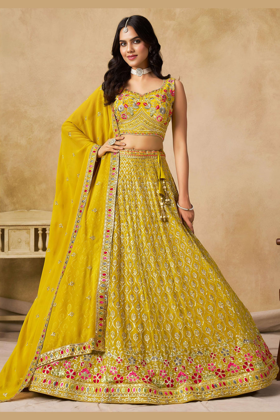 Yellow Georgette Lehenga Choli For Indian & Pakistani Wedding Festival - Sequins & Thread Embroidery Work