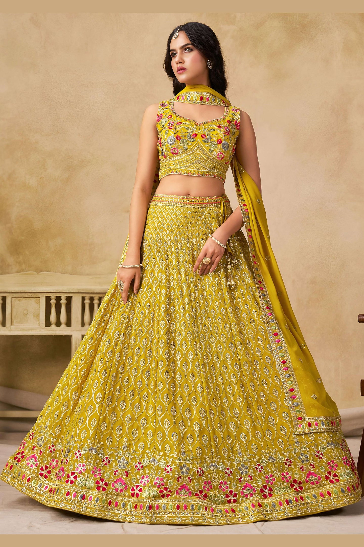 Yellow Georgette Lehenga Choli For Indian & Pakistani Wedding Festival - Sequins & Thread Embroidery Work