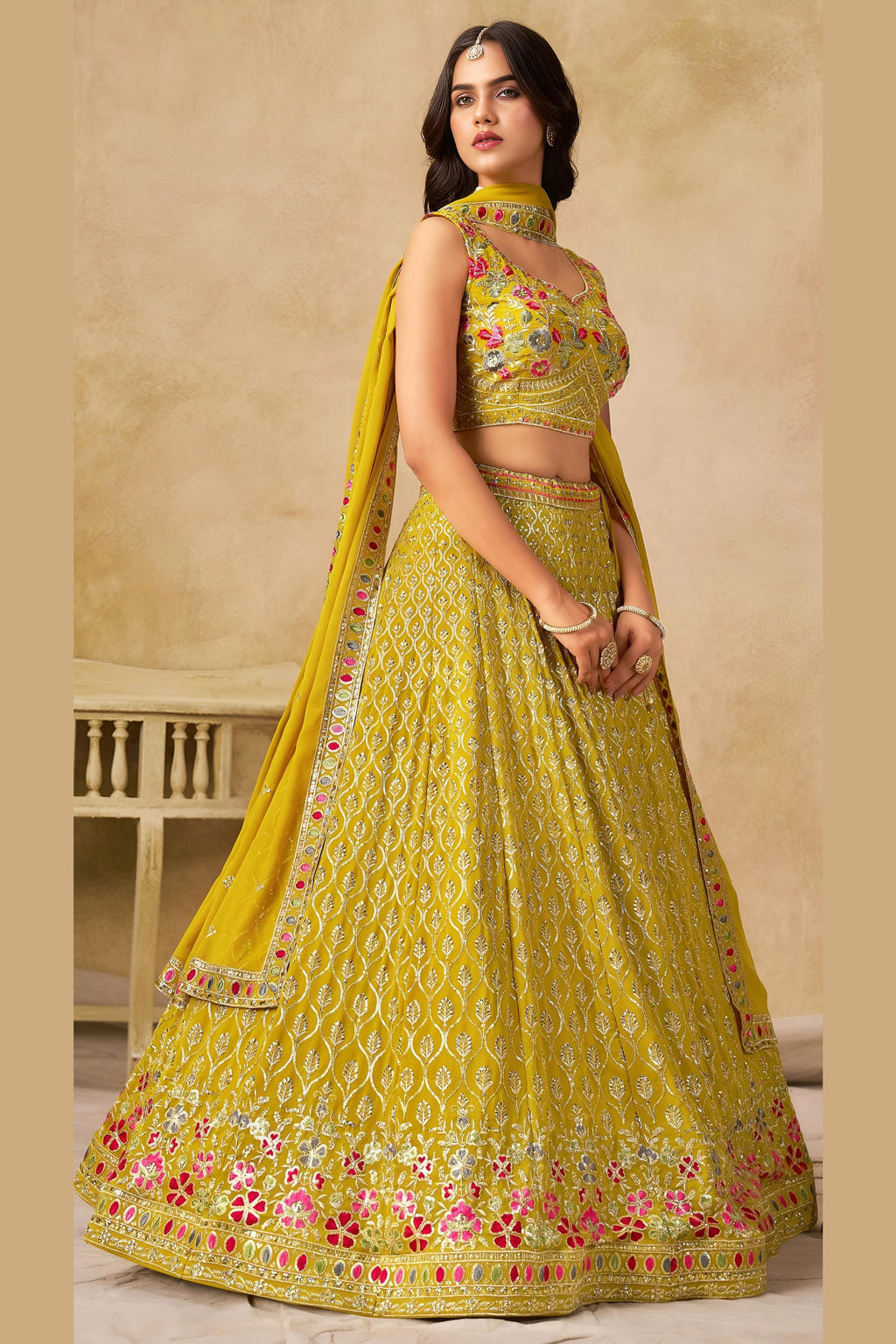 Yellow Georgette Lehenga Choli For Indian & Pakistani Wedding Festival - Sequins & Thread Embroidery Work