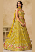 Yellow Georgette Lehenga Choli For Indian & Pakistani Wedding Festival - Sequins & Thread Embroidery Work