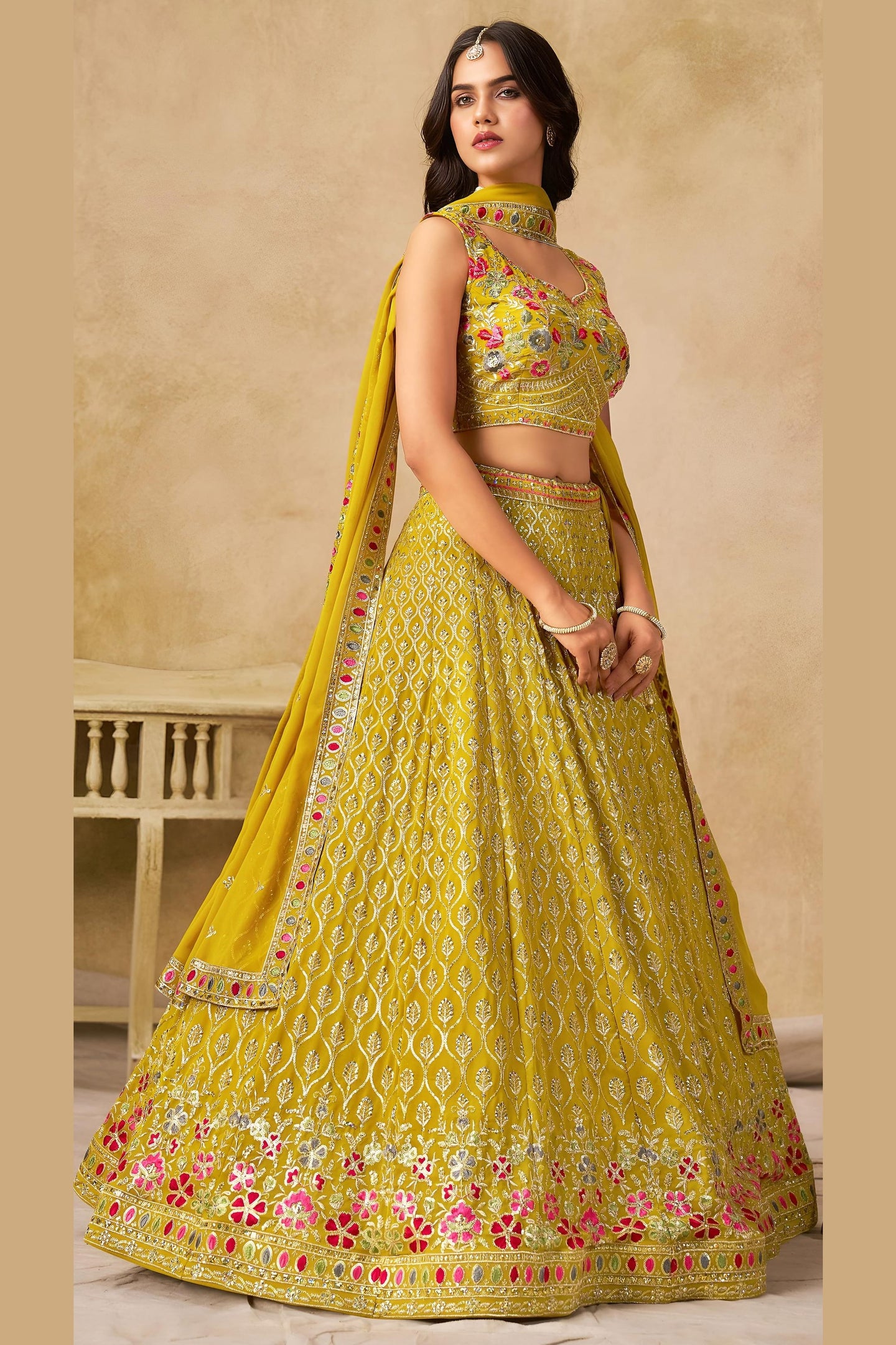 Yellow Georgette Lehenga Choli For Indian & Pakistani Wedding Festival - Sequins & Thread Embroidery Work