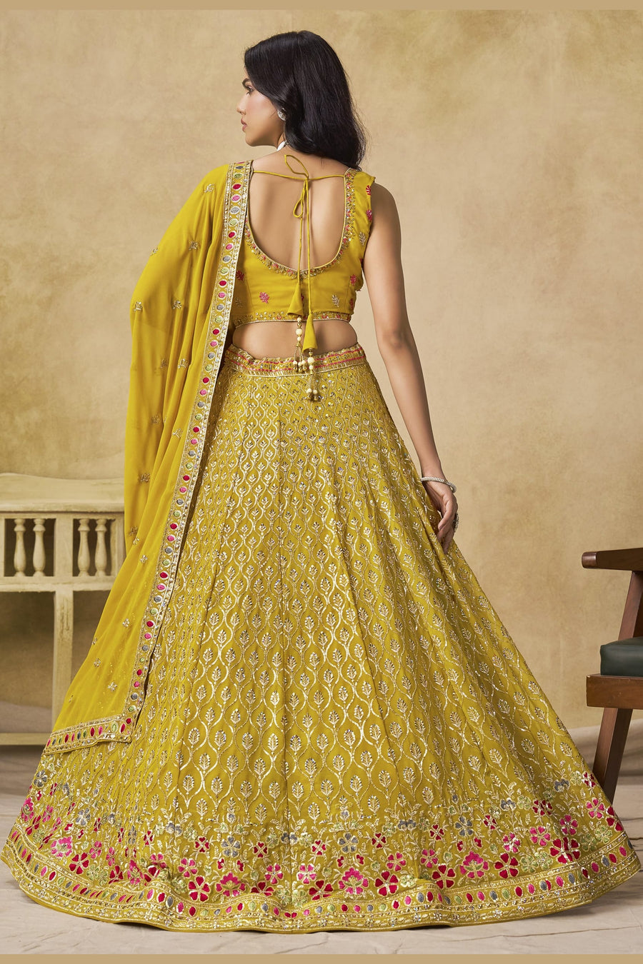 Yellow Georgette Lehenga Choli For Indian & Pakistani Wedding Festival - Sequins & Thread Embroidery Work