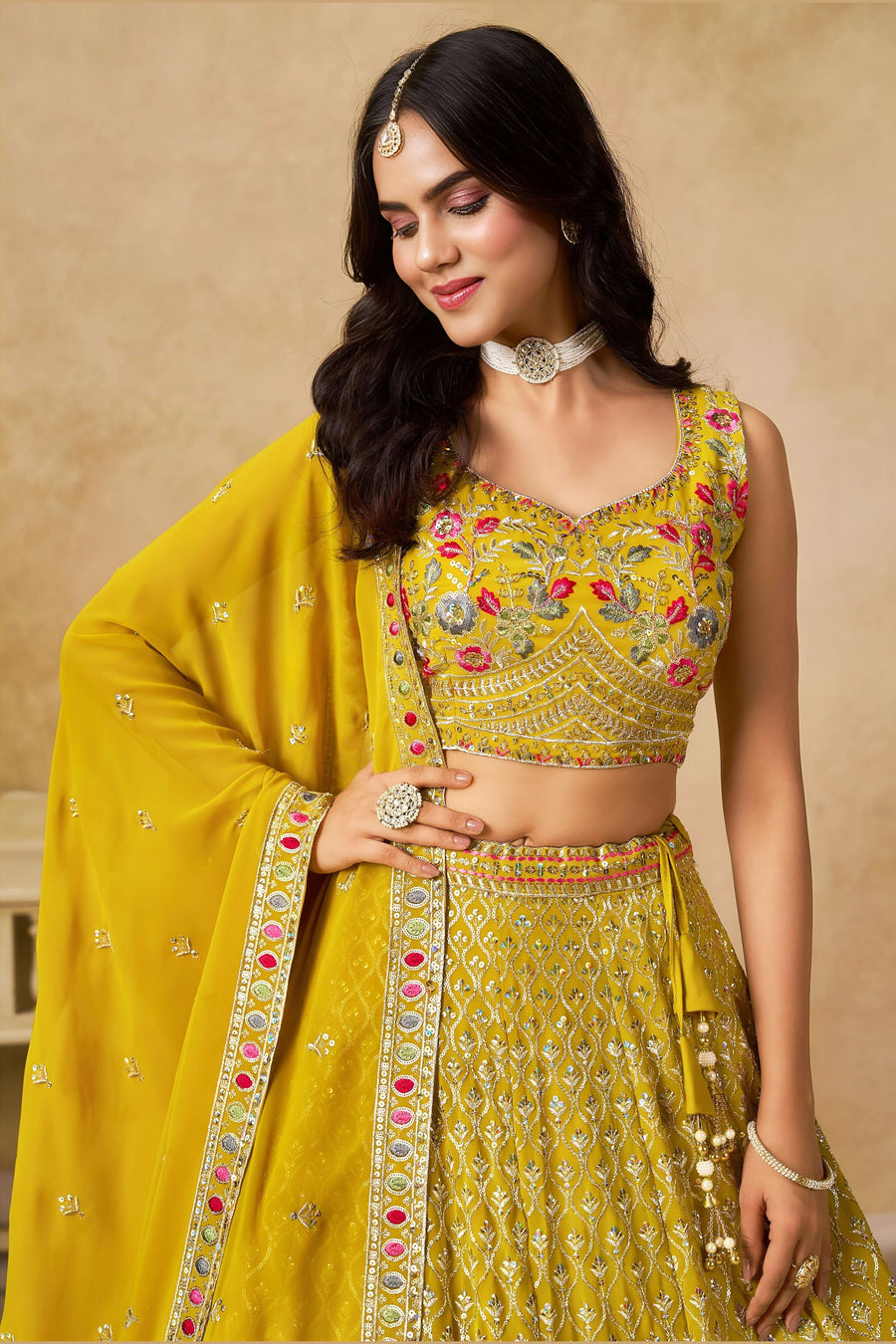 Yellow Georgette Lehenga Choli For Indian & Pakistani Wedding Festival - Sequins & Thread Embroidery Work