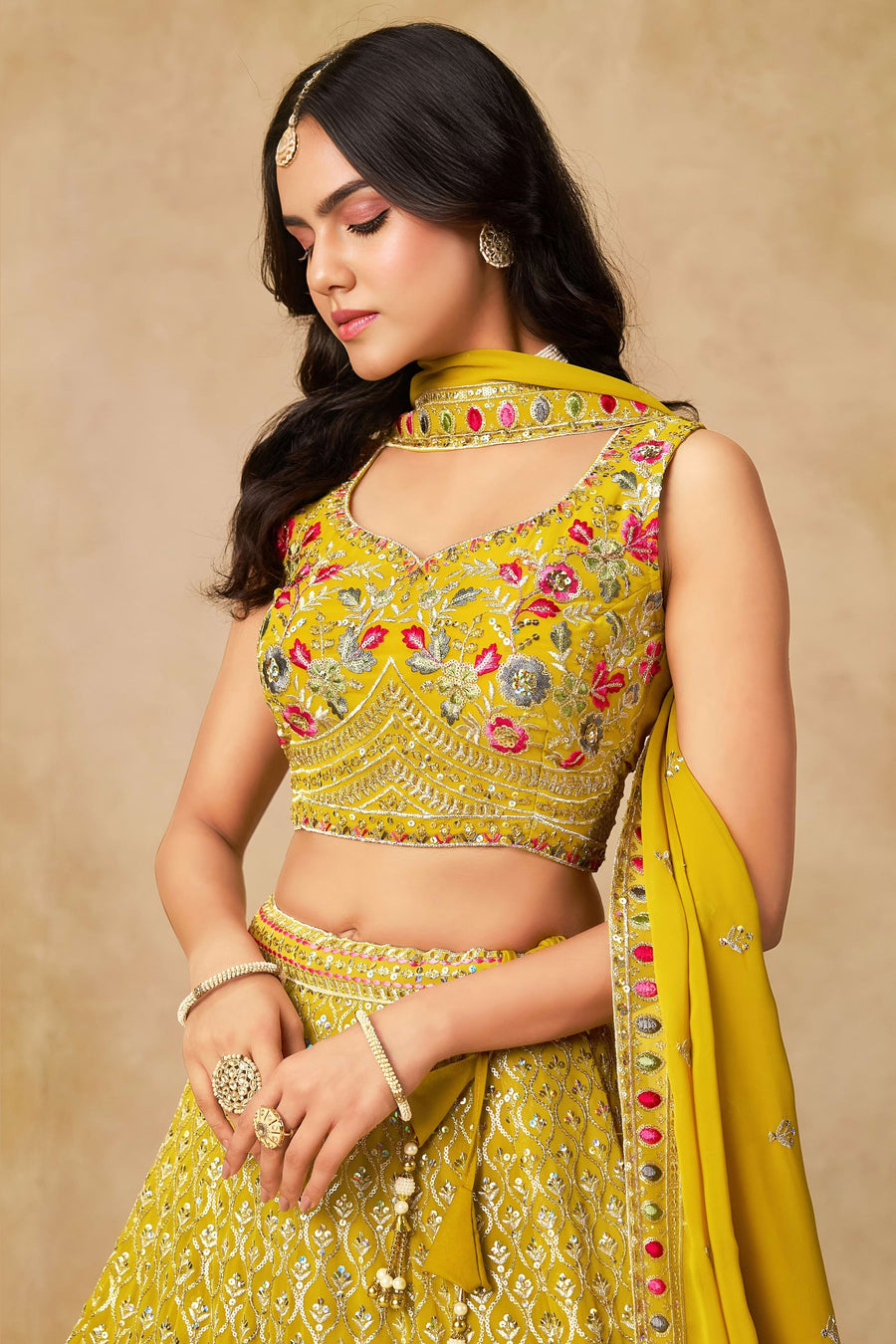 Yellow Georgette Lehenga Choli For Indian & Pakistani Wedding Festival - Sequins & Thread Embroidery Work