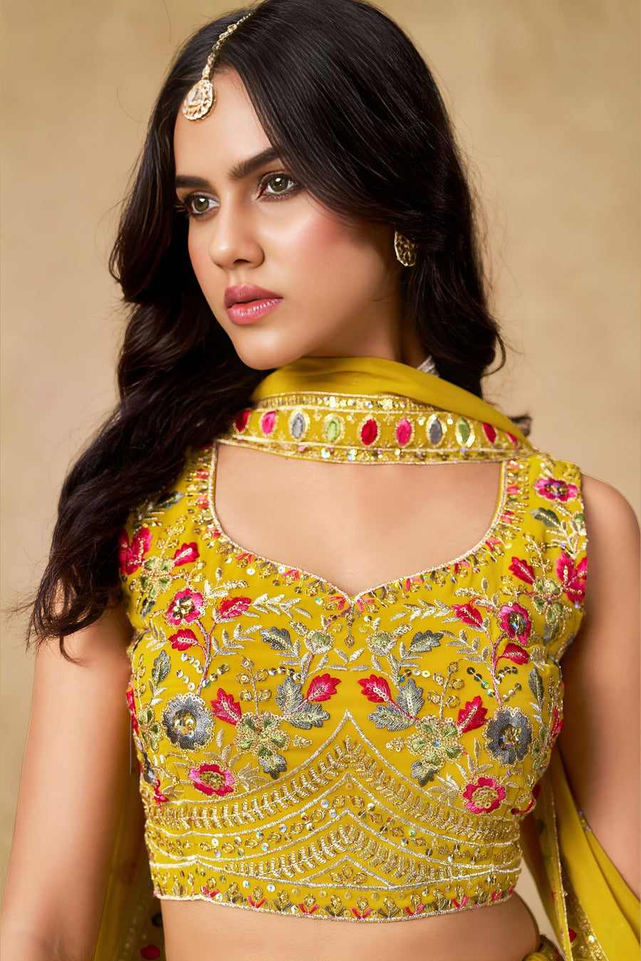 Yellow Georgette Lehenga Choli For Indian & Pakistani Wedding Festival - Sequins & Thread Embroidery Work