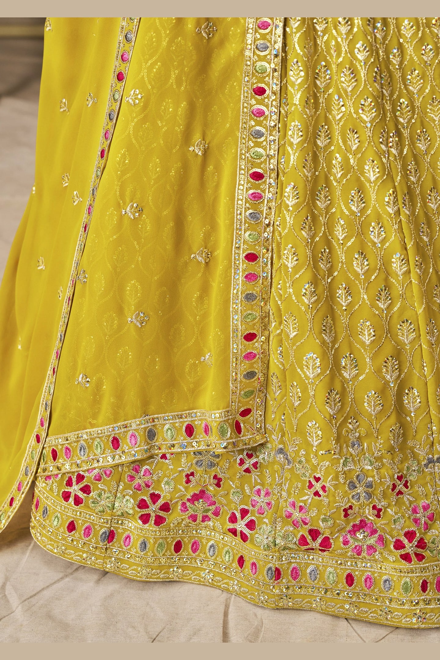 Yellow Georgette Lehenga Choli For Indian & Pakistani Wedding Festival - Sequins & Thread Embroidery Work