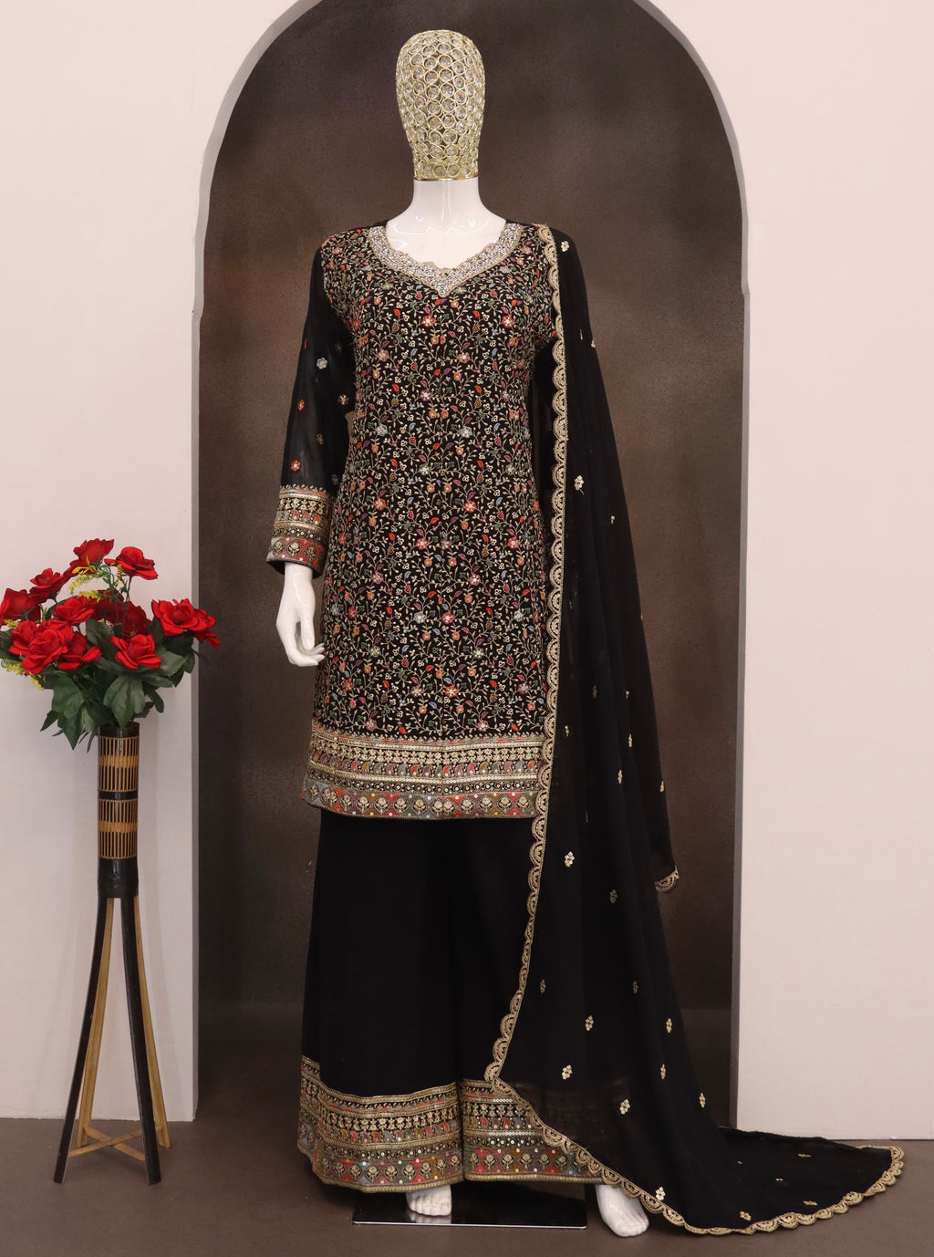 Black Georgette Kameez With Palazzo Suit For Indian & Pakistani Wedding Festival - Thread & Sequence Embroidery