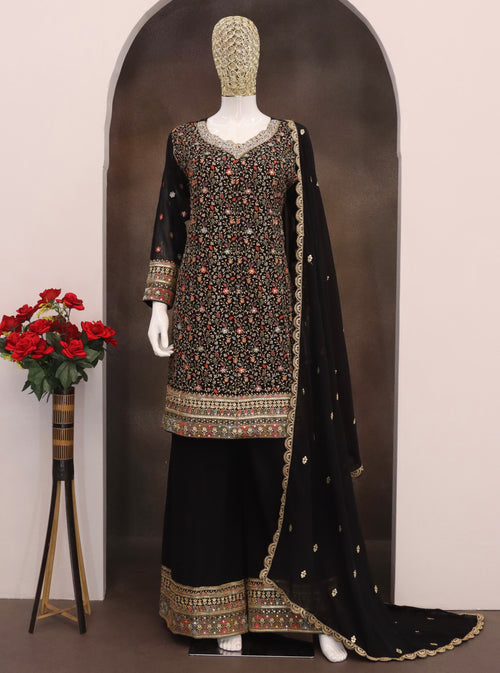 Black Georgette Kameez With Palazzo Suit For Indian & Pakistani Wedding Festival - Thread & Sequence Embroidery
