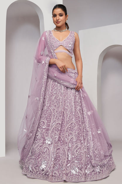 Light Purple Soft Net Lehenga Choli For Indian Festivals & Weddings - Sequins Work, Thread Work