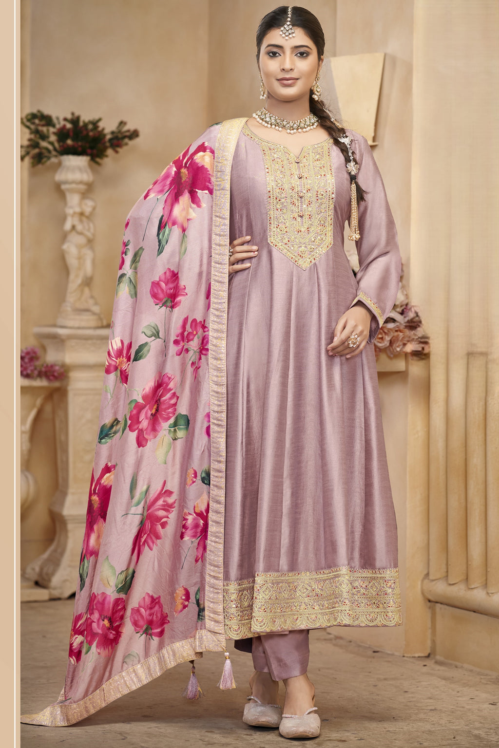 Mauva Chinon Silk Long Kameez Pant Suit For Indian Festivals & Weddings - Embroidery Work, Print Work
