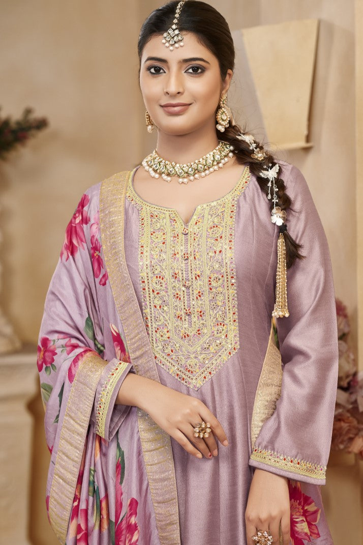 Mauva Chinon Silk Long Kameez Pant Suit For Indian Festivals & Weddings - Embroidery Work, Print Work