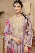 Mauva Chinon Silk Long Kameez Pant Suit For Indian Festivals & Weddings - Embroidery Work, Print Work