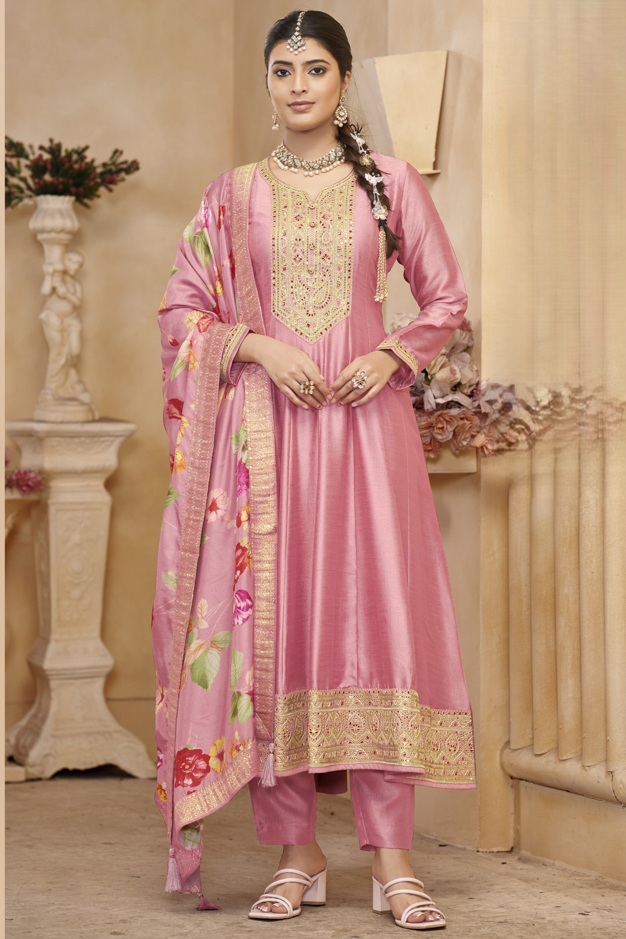 Pink Chinon Silk Long Kameez Pant Suit For Indian Festivals & Weddings - Embroidery Work, Print Work