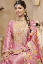 Pink Chinon Silk Long Kameez Pant Suit For Indian Festivals & Weddings - Embroidery Work, Print Work