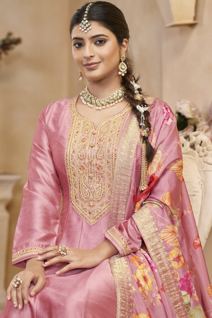 Pink Chinon Silk Long Kameez Pant Suit For Indian Festivals & Weddings - Embroidery Work, Print Work