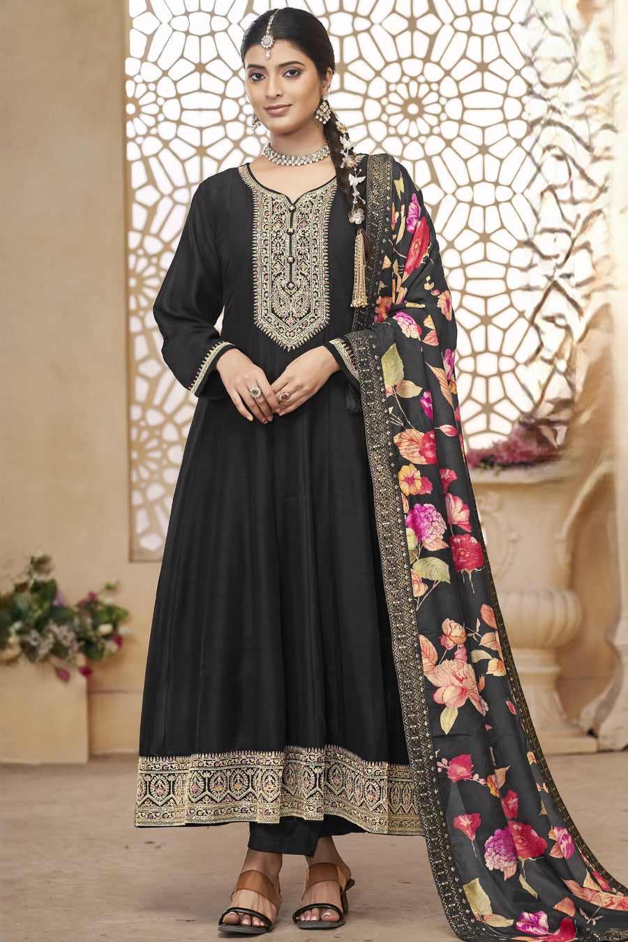 Black Chinon Silk Long Kameez Pant Suit For Indian Festivals & Weddings - Embroidery Work, Print Work