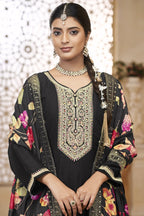 Black Chinon Silk Long Kameez Pant Suit For Indian Festivals & Weddings - Embroidery Work, Print Work