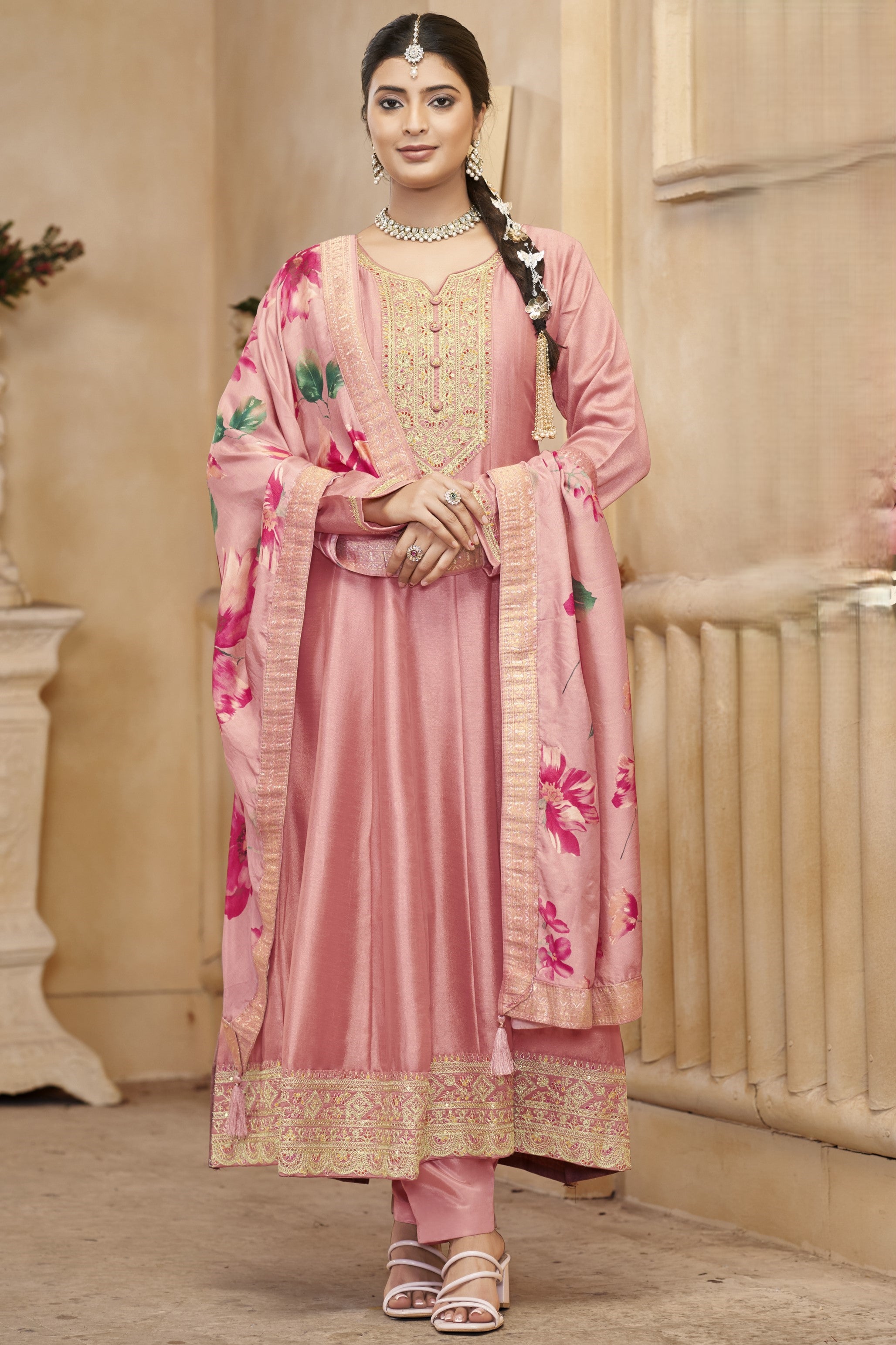 Baby Pink Chinon Silk Long Kameez Pant Suit For Indian Festivals & Weddings - Embroidery Work, Print Work