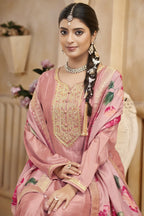 Baby Pink Chinon Silk Long Kameez Pant Suit For Indian Festivals & Weddings - Embroidery Work, Print Work